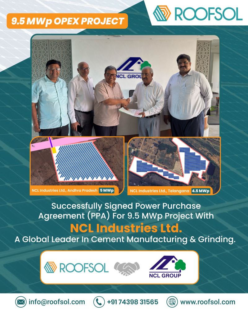 Roofsol Energy and NCL Industries sign 25-year PPA for 9.5 MWp solar power plants in Andhra Pradesh and Telangana