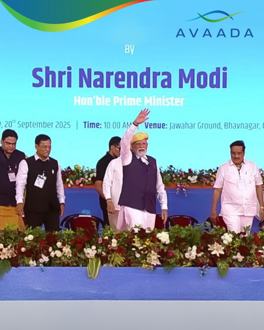 PM Narendra Modi inaugurating Avaada’s 280 MW solar power project in Surendranagar, Gujarat, with Avaada Group Chairman Vineet Mittal