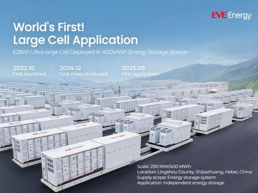 EVE Energy's 400MWh energy storage project utilizing 628Ah ultra-large battery cells at the Ruite New Energy Project in Lingshou, Hebei, China.