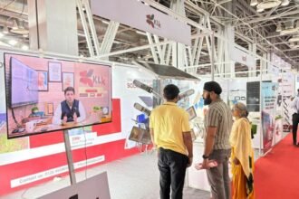 KLK Ventures water pump demo at UP International Trade Show 2025, supporting PM-KUSUM Yojana for sustainable farming.