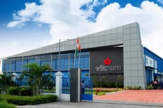 Vikram Solar Limited logo with financial charts showing Q2 and H1 FY2025-26 results for solar module sales and performance.