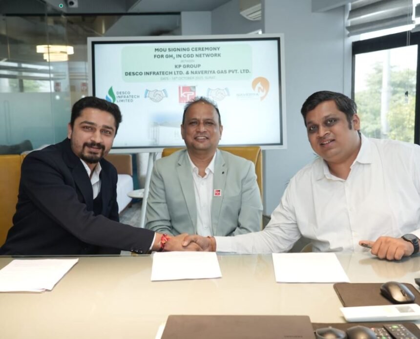 KPI Green Hydrogen, DESCO Infratech, and Naveriya Gas executives sign MoU to explore Green Hydrogen in India’s City Gas Distribution network.
