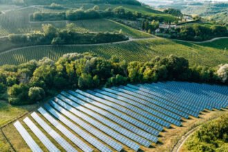 Aerial view of RWE's Pierrières solar farm in Ardillières, Charente-Maritime, France