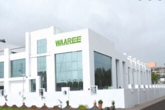 Waaree Renewable Technologies office with financial results chart for Q2 and H1 FY2025-26