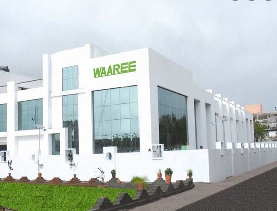 Waaree Renewable Technologies office with financial results chart for Q2 and H1 FY2025-26