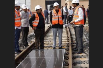Solar panels installed on train tracks at NCRTC’s Namo Bharat Depot in Duhai under the innovative ‘Solar on Track’ sustainability initiative.