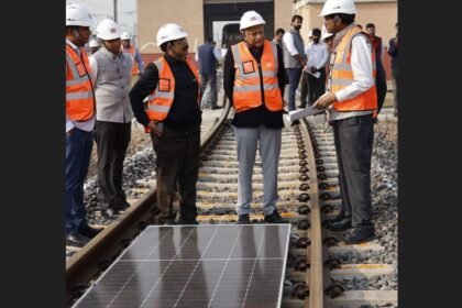 Solar panels installed on train tracks at NCRTC’s Namo Bharat Depot in Duhai under the innovative ‘Solar on Track’ sustainability initiative.