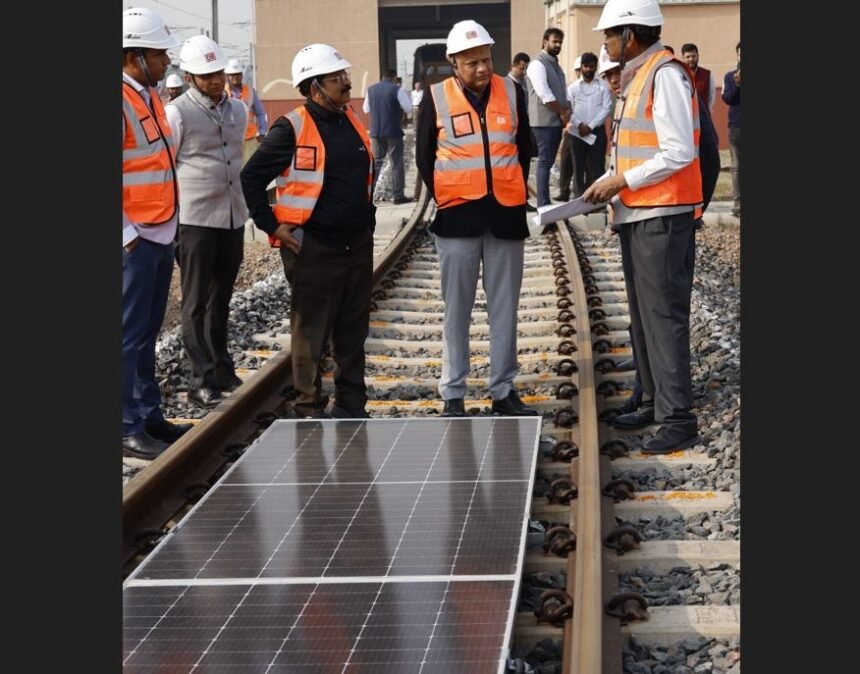 Solar panels installed on train tracks at NCRTC’s Namo Bharat Depot in Duhai under the innovative ‘Solar on Track’ sustainability initiative.
