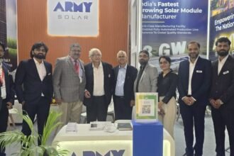 Army Solar team inaugurates booth and meets industry leaders at Renewable Energy India Expo 2025, Greater Noida.