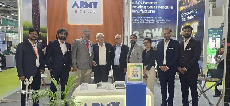 Army Solar team inaugurates booth and meets industry leaders at Renewable Energy India Expo 2025, Greater Noida.