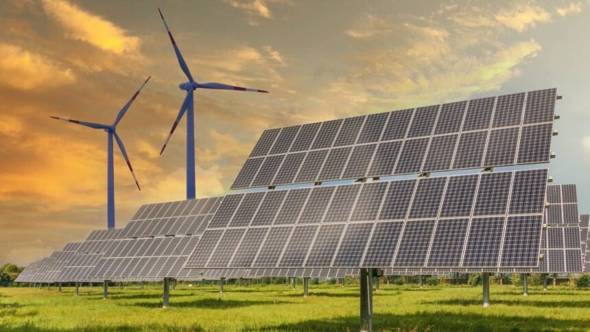 Renewable energy revolution in India showing solar panels, wind turbines, green hydrogen, and electric vehicles driving clean-energy growth in 2025.