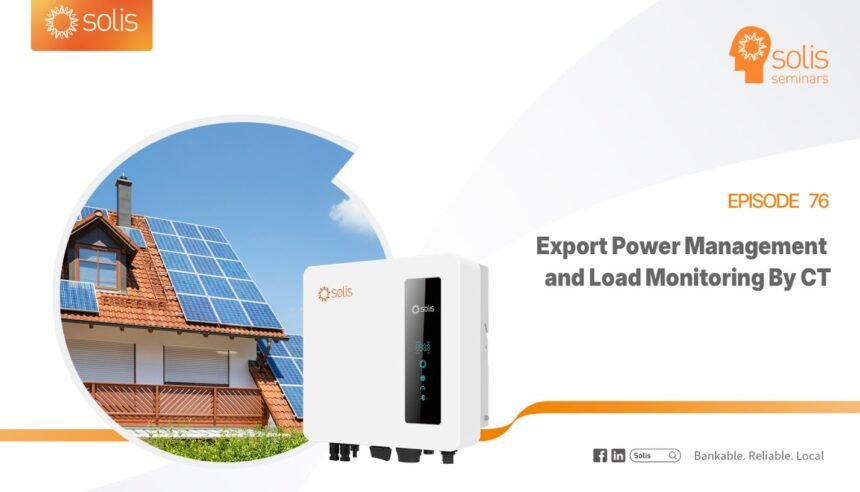 Solis inverter system showing CT-supported load monitoring and dynamic export control for efficient solar energy management.