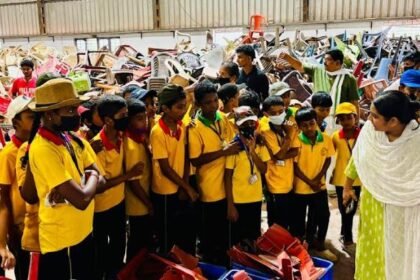 Students visiting MAAV Industries’ Baikampady recycling facility to learn about plastic recycling and sustainability.