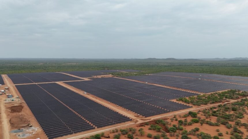 Aerial view of Scatec’s Mmadinare Solar Cluster in Botswana, featuring large solar panel arrays generating clean energy.