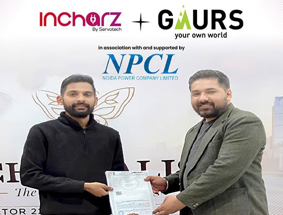 Incharz and Gaurs Group representatives announcing a new collaboration to install EV charging infrastructure across residential and commercial developments.