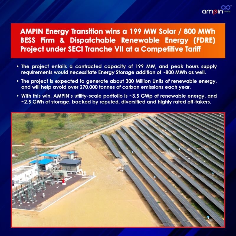 AMPIN Wins 199 MW Solar and 800 MWh BESS FDRE Project Under SECI Tranche VII
