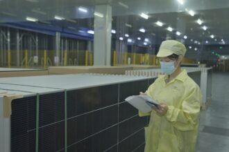 Masdar solar power project in Azerbaijan with rows of photovoltaic panels under clear skies, representing utility-scale clean energy development.