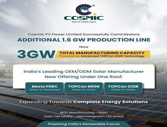 Cosmic PV Power Limited Commissions 1.6 GW Solar Module Line, Reaches 3 GW Capacity