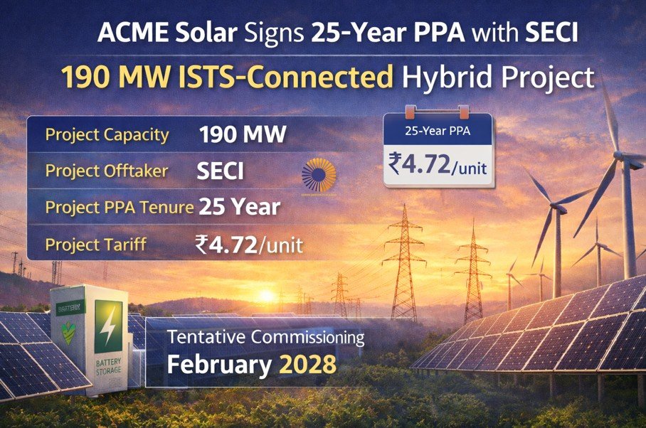ACME Solar Signs 25-Year PPA with SECI for 190 MW ISTS Hybrid Project at ₹4.72/unit