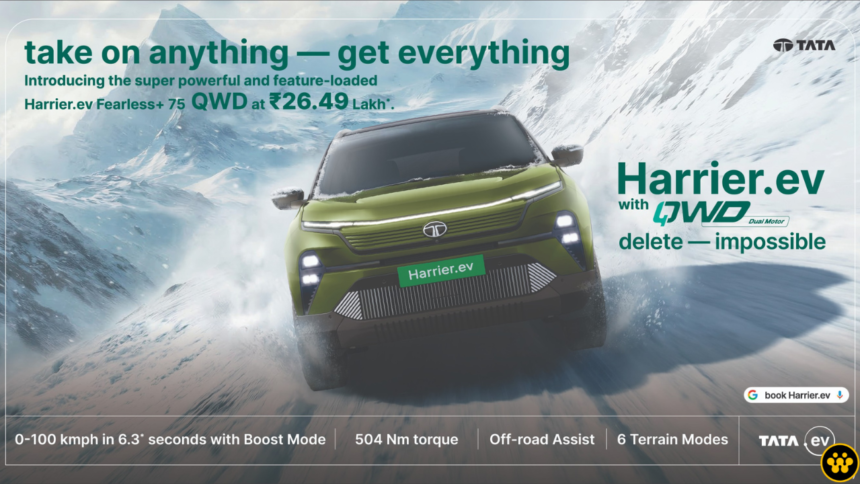TATA EV Launches Harrier EV Fearless+ QWD 75 with Quad Wheel Drive at ₹26.49 Lakh