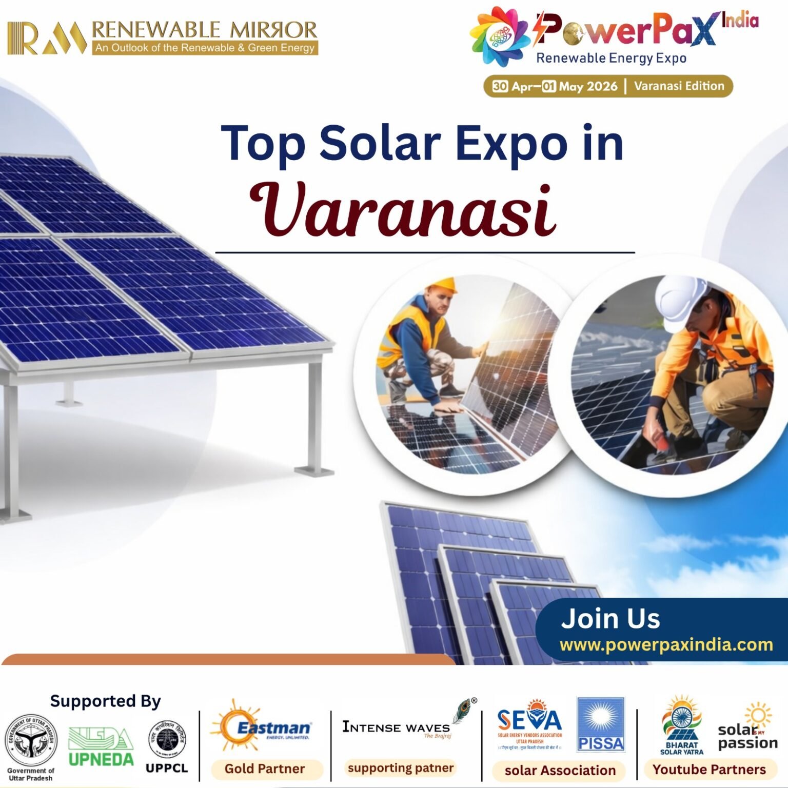 PowerPax Varanasi 2026 solar expo showcasing renewable energy technologies, EV charging solutions, and industry leaders in Uttar Pradesh