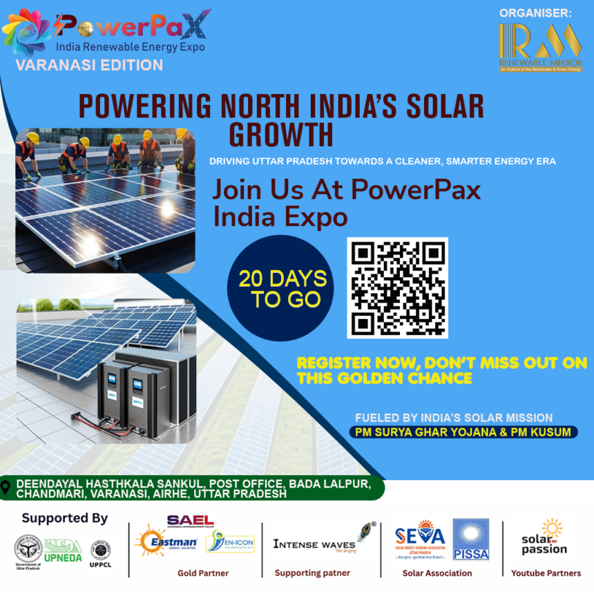 PowerPax India Expo 2026 in Varanasi showcasing solar panels, rooftop solar systems, and renewable energy solutions for Uttar Pradesh market