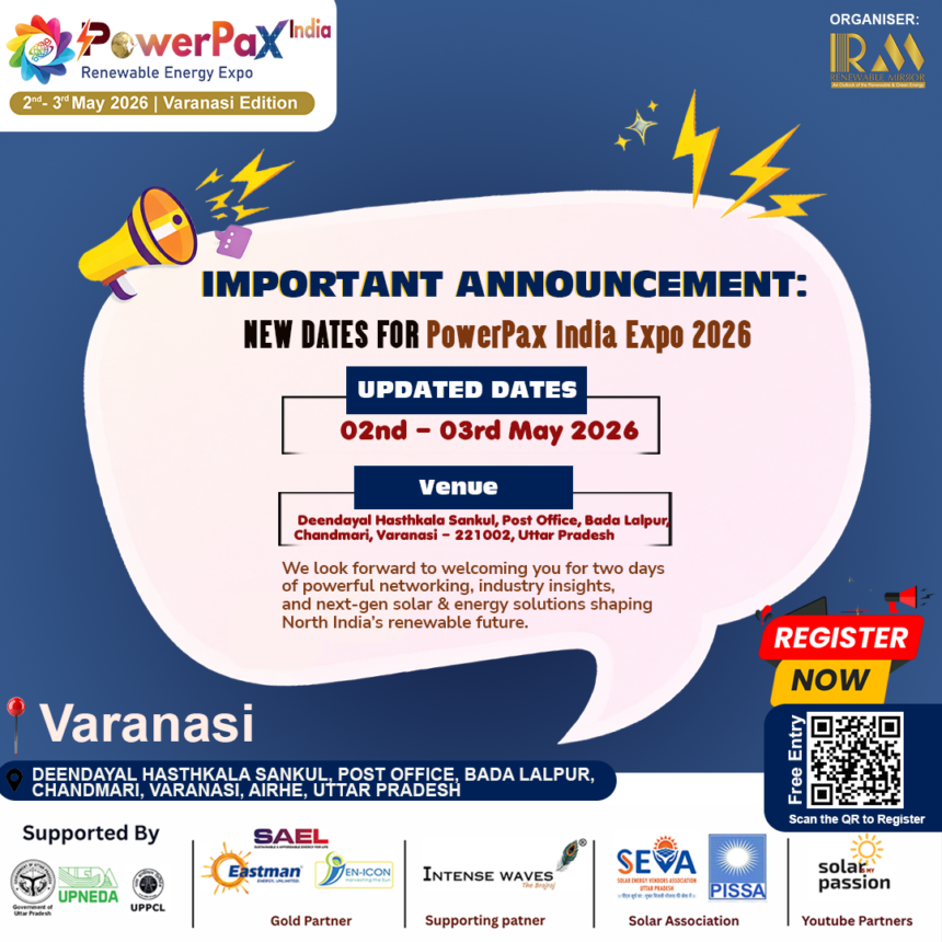 PowerPax India Expo 2026 solar exhibition in Varanasi showcasing solar panels rooftop systems and renewable energy solutions