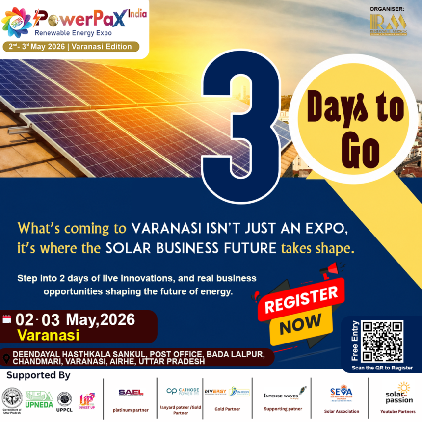 PowerPax India Expo 2026 Varanasi solar exhibition with industry professionals, solar panels, and renewable energy solutions on display
