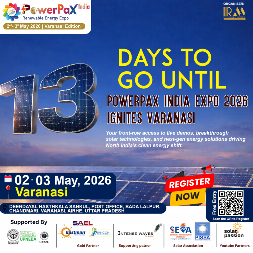 PowerPax India Expo 2026 countdown event in Varanasi showcasing solar energy technologies and renewable energy solutions