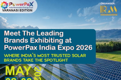 PowerPax India Expo 2026 in Varanasi showcasing solar panels, battery storage systems, and renewable energy solutions with industry professionals networking