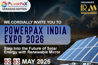 Renewable energy expo with solar panels, industry professionals, and exhibition stalls in Varanasi