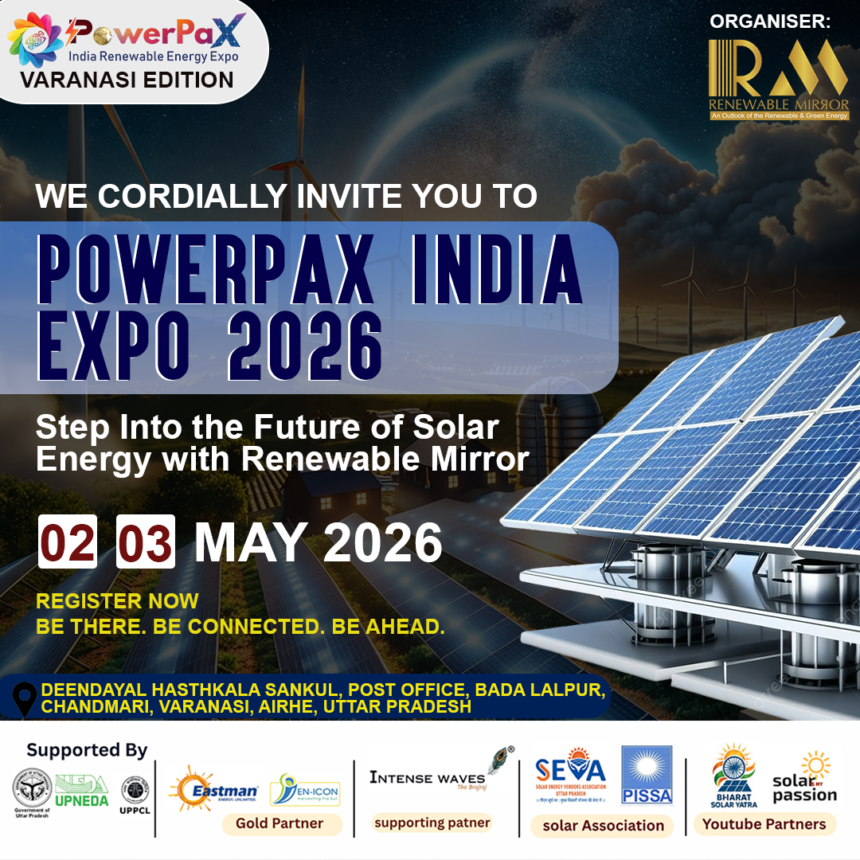Renewable energy expo with solar panels, industry professionals, and exhibition stalls in Varanasi
