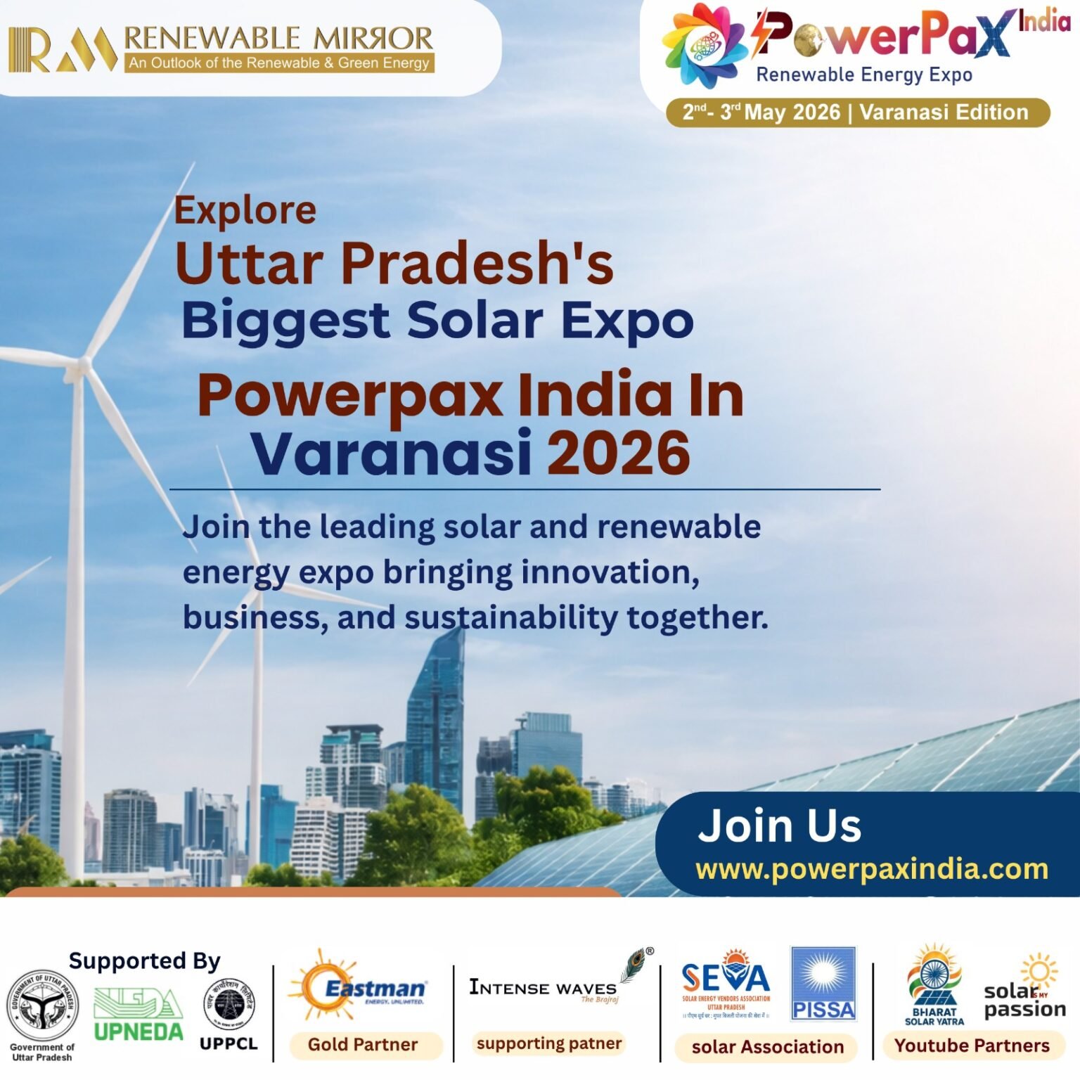 PowerPax India Expo 2026 solar event in Varanasi showcasing renewable energy, solar panels, EV charging, and clean energy technologies
