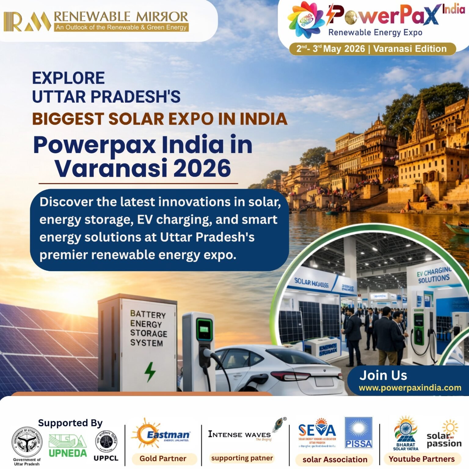 PowerPax Varanasi 2026 solar expo showcasing solar panels, EV charging, battery storage and renewable energy solutions in Uttar Pradesh