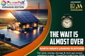 Solar energy exhibition with panels, battery storage systems, and industry professionals networking