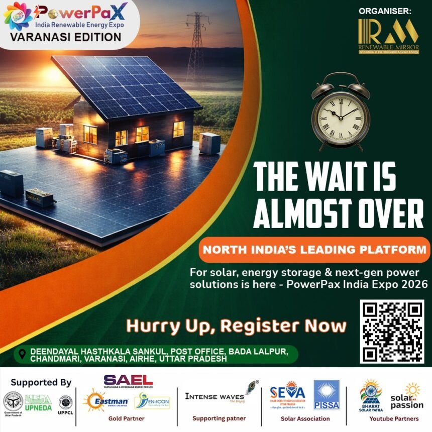 Solar energy exhibition with panels, battery storage systems, and industry professionals networking