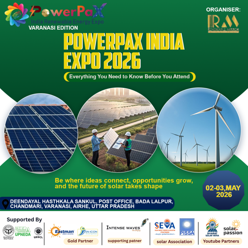 PowerPax India Expo 2026 solar exhibition in Varanasi with industry professionals networking and exploring technologies